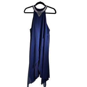 Summer Formal Sleeveless Dress Flowy Chiffon Navy O Neck Jeweled Accent Size Med